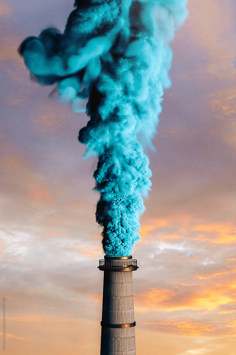 Pollution of chimney with blue smoke