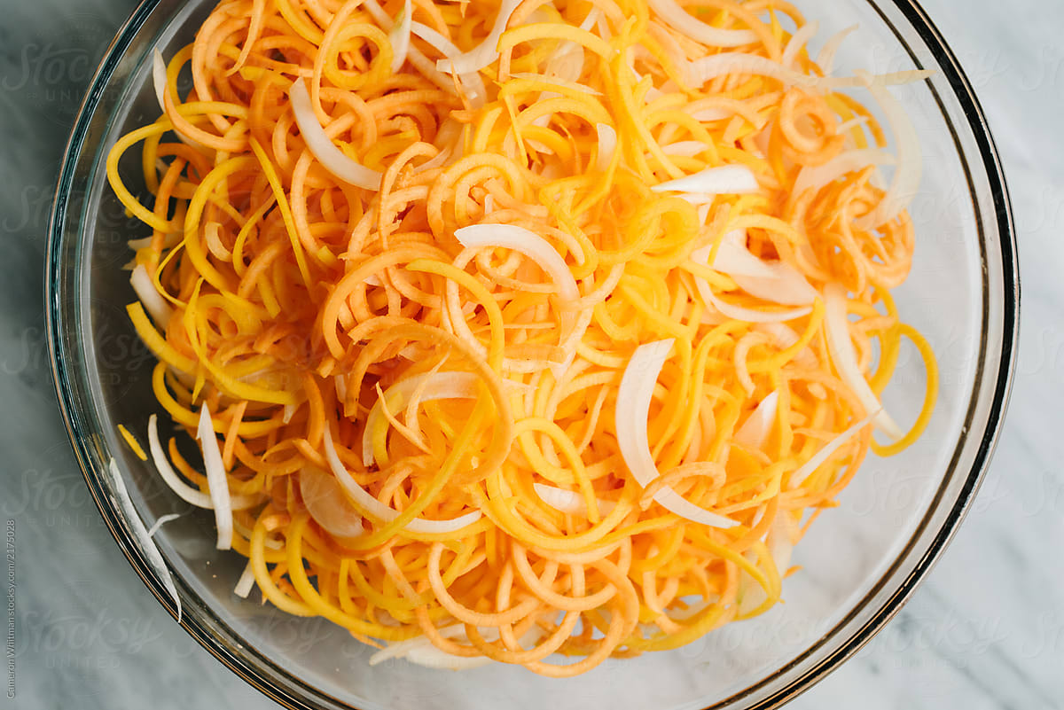 Veggies noodles made of white onion, sweet potato, and butternut squash