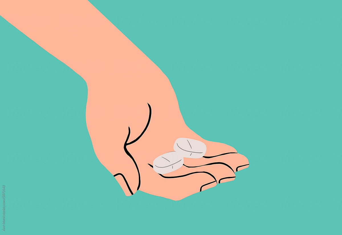 A minimalist illustration of a hand holding two pills