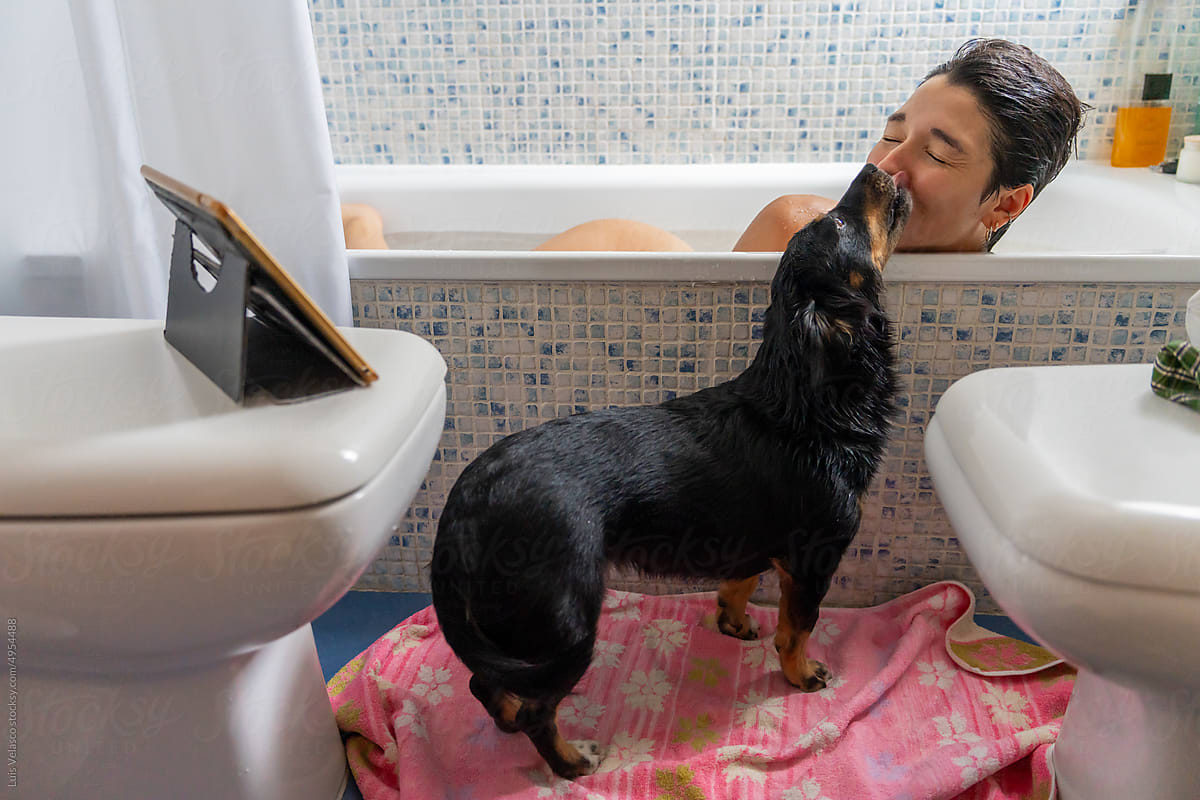 Girl Taking A Bath Next To Her Little Dog.
