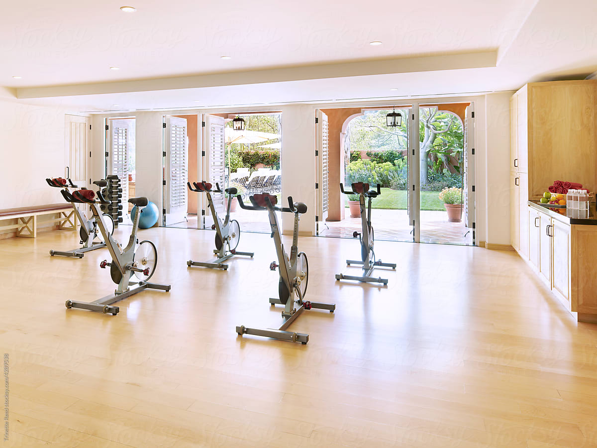 Exercise stationary bikes in spin class at resort
