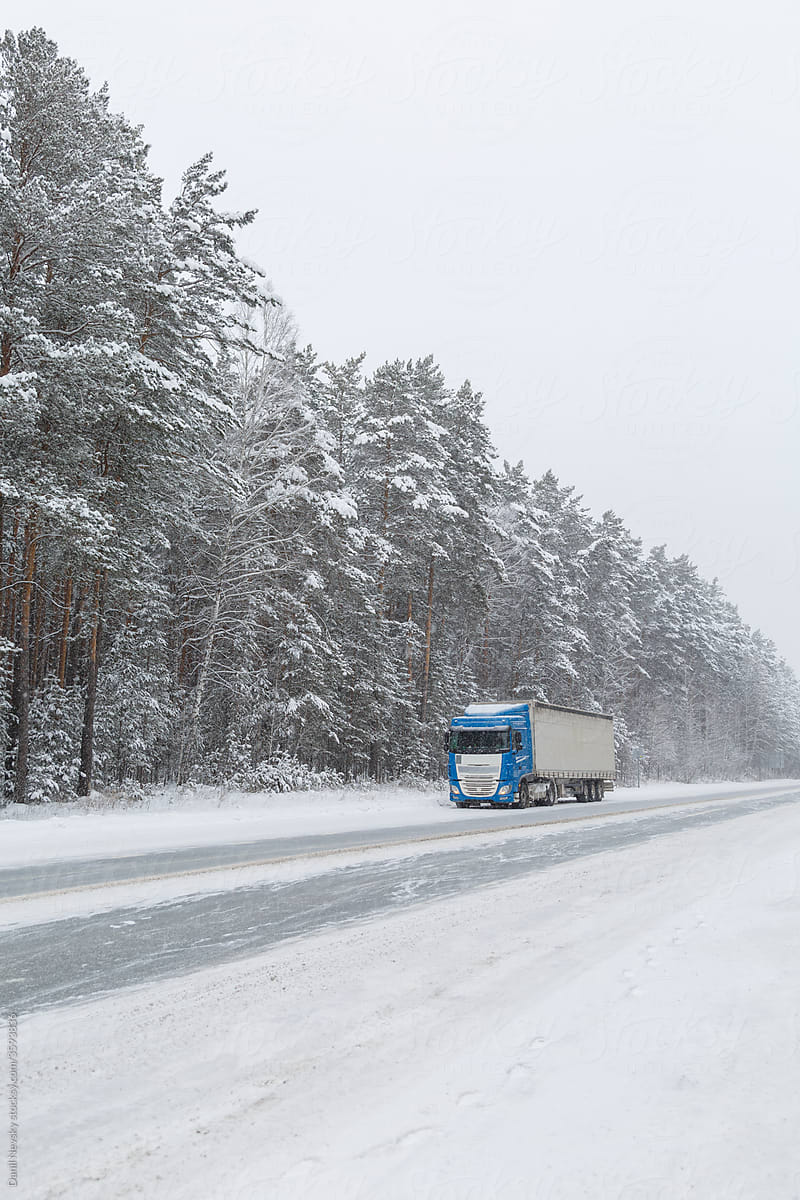 Truck driving near winter forest