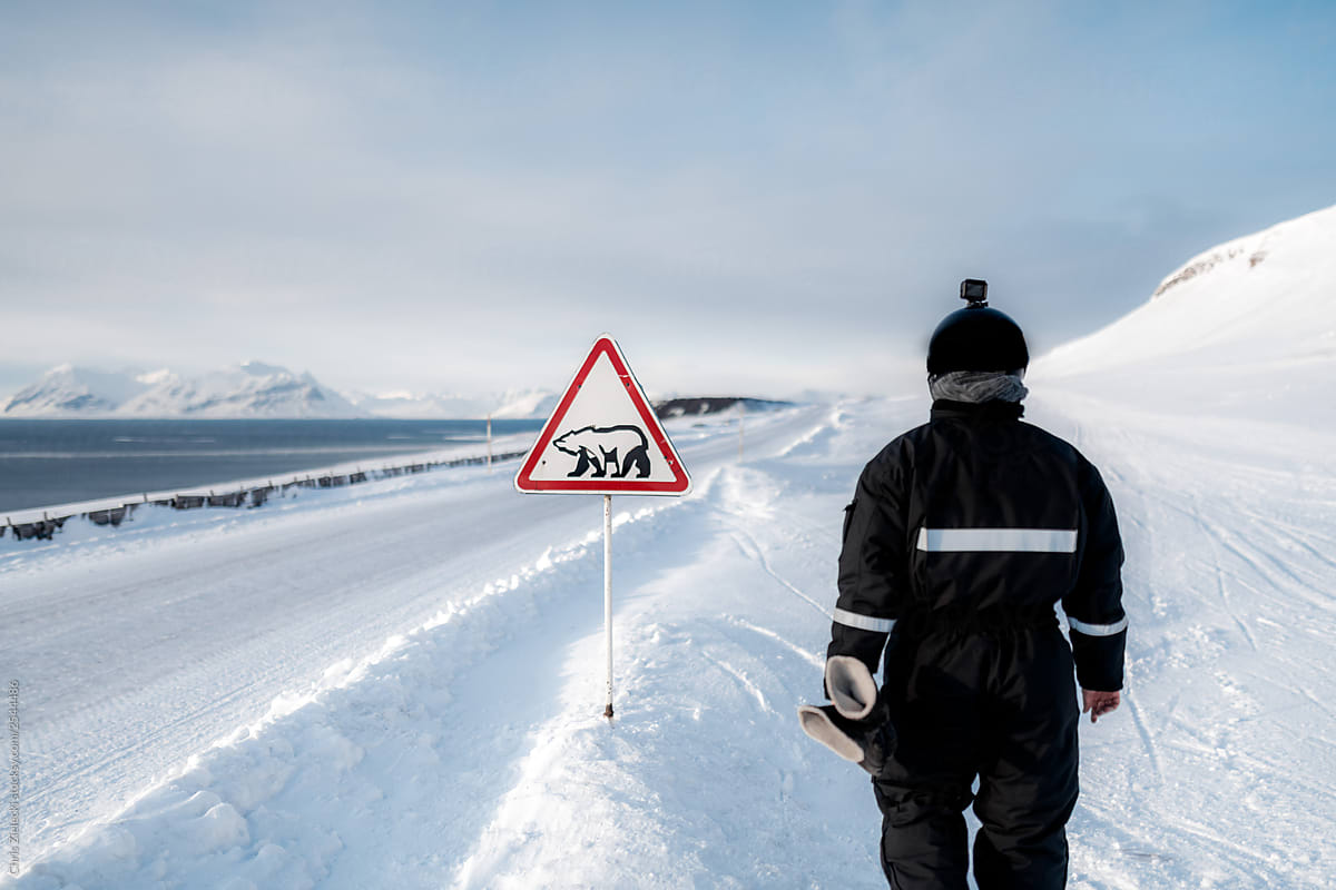 Anonymous traveler near polar bear warning sign