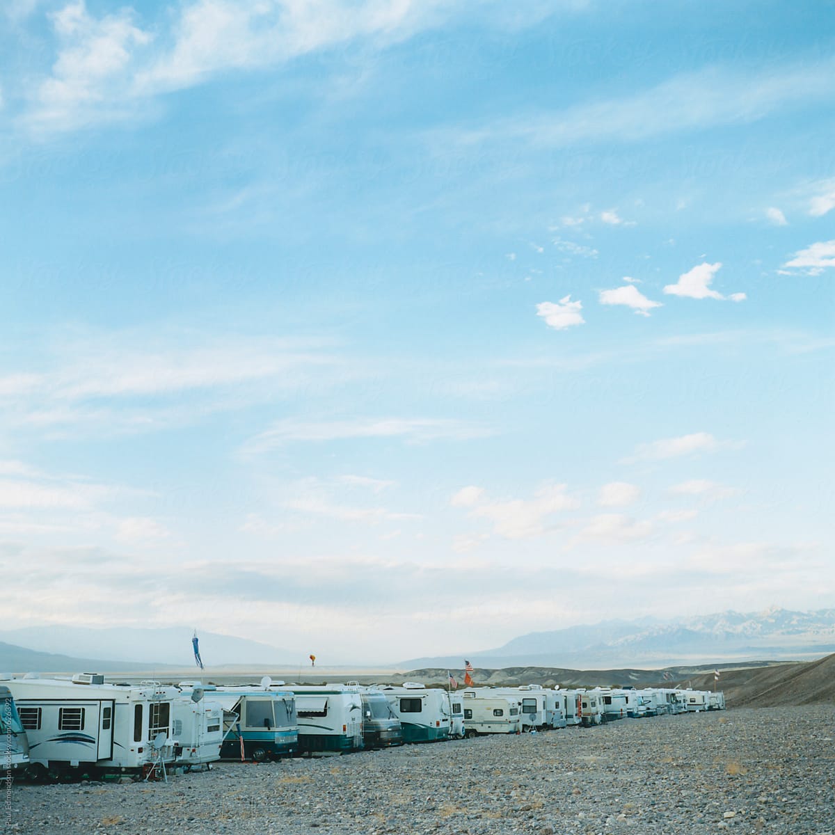 Rows of parked RV's in Death Valley NP, CA