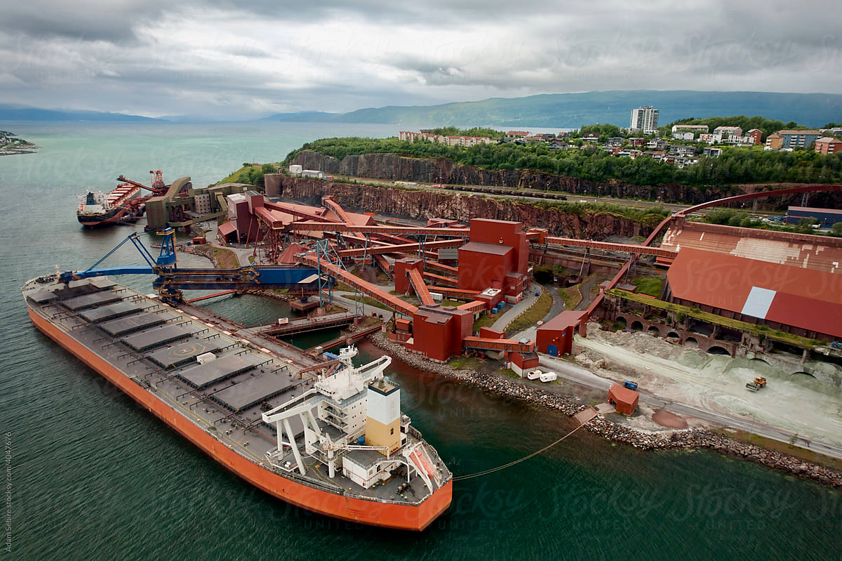 Narvik Norway, northern passage port, iron ore ship loads, aerial