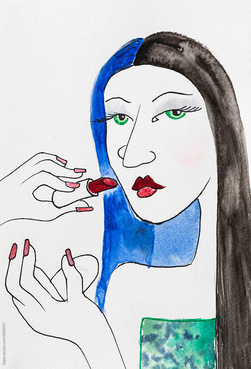 Art portrait, woman applying lipstick
