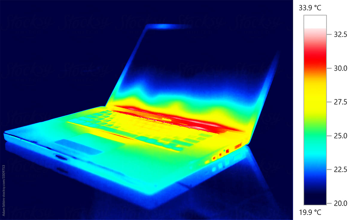 Energy efficiency, thermal heat of overheating laptop computer electronics, electricity wastage