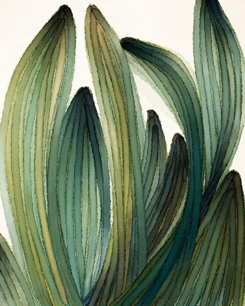 Lush Leaf Drawing In Warm Green And Blue Tones