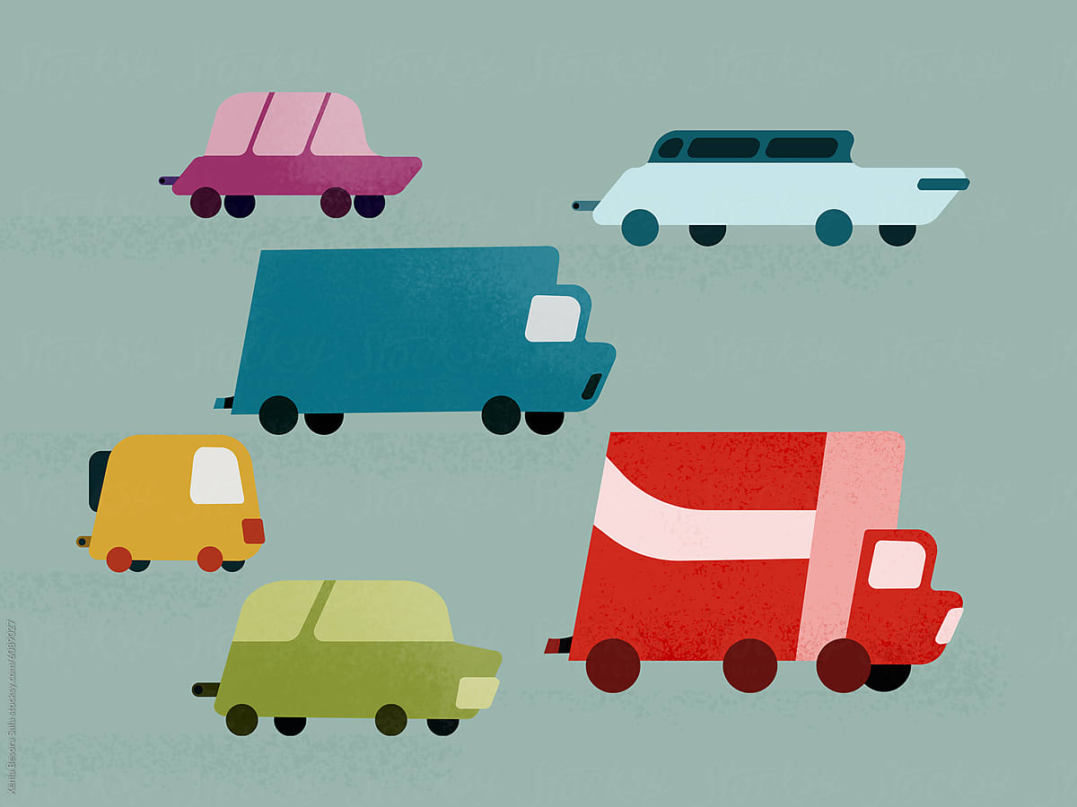 Collection of colorful shipping trucks and cars