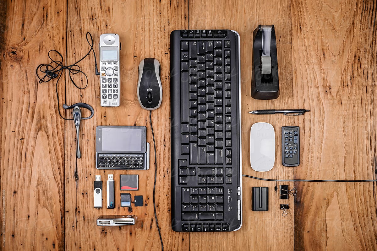 A collection of workplace equipment and tools