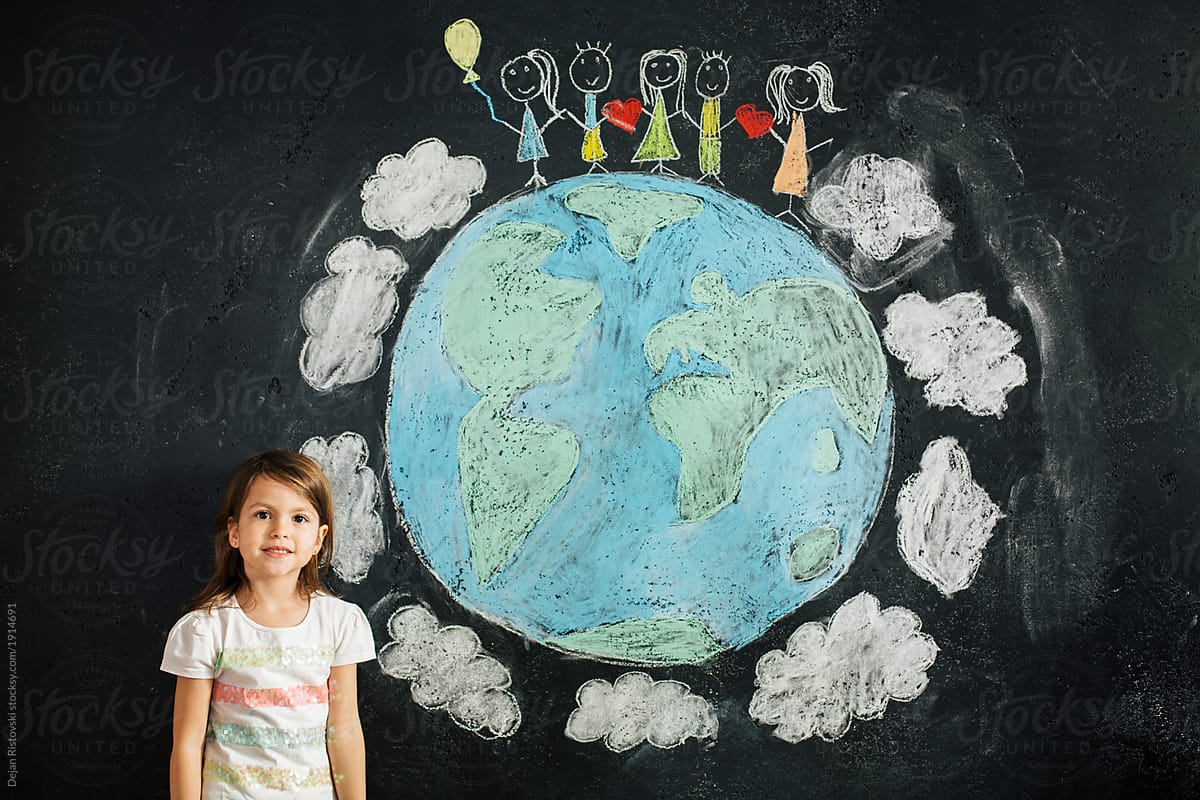 Portrait of little girl with planet earth and children chain unity