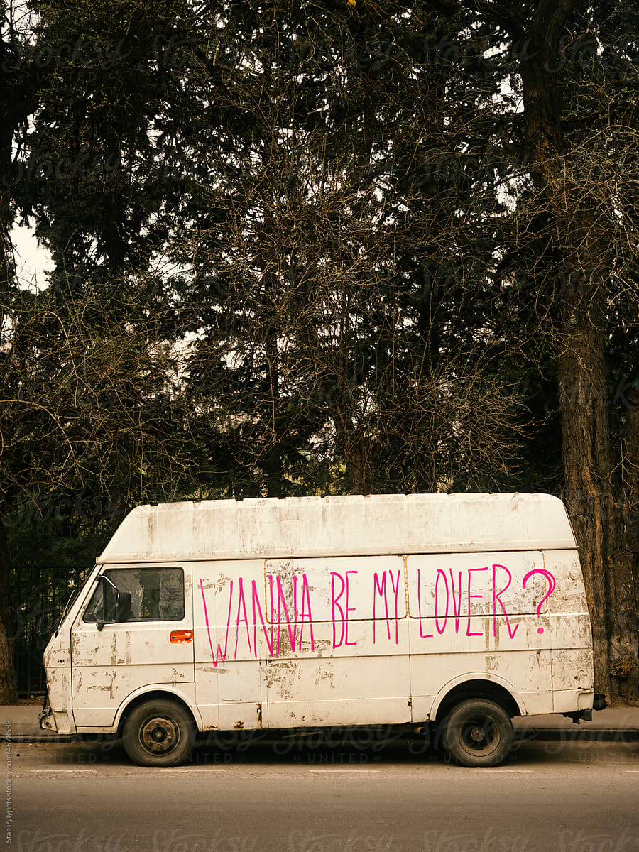 Old white van with graffiti