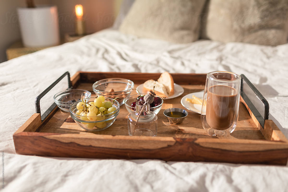 Breakfast tray on the bed