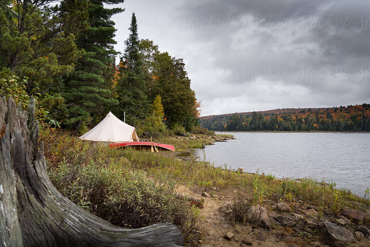Autumn Lakeshore Campsite Tent Canoe