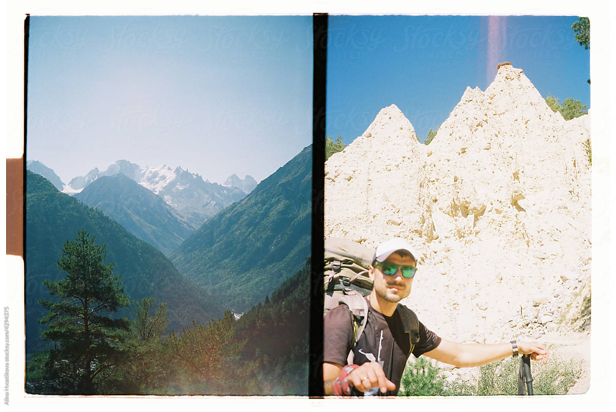 Collage of photos of hiker and mountain range