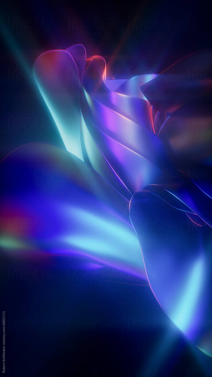 3D render of glowing neon abstract wavy holographic shapes