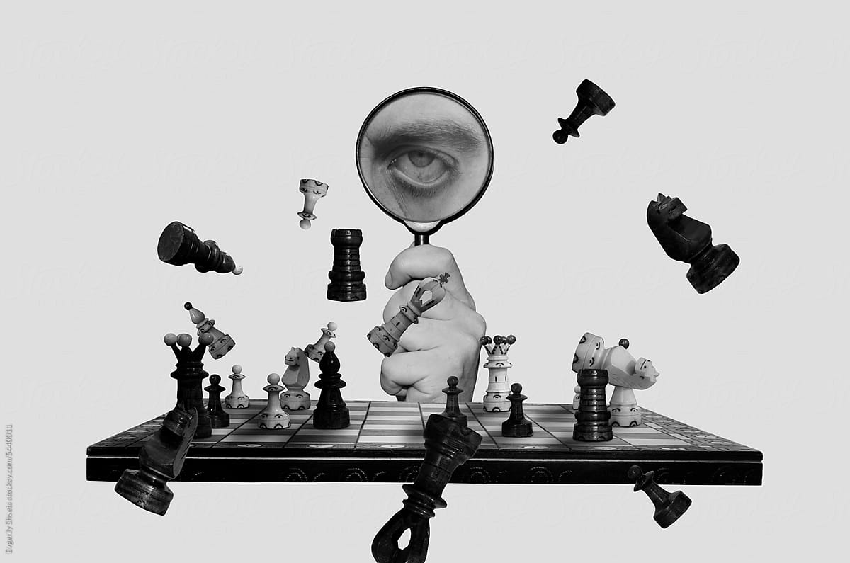 Collage with chess and hand holding magnifying glass