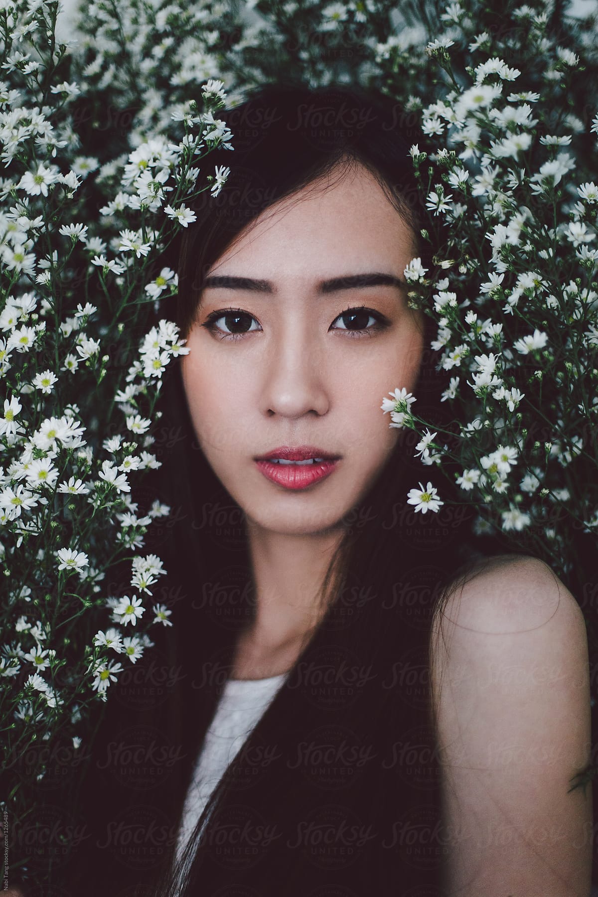Beautiful Young East Asian Woman Portrait From The Flower Bush By Nabi