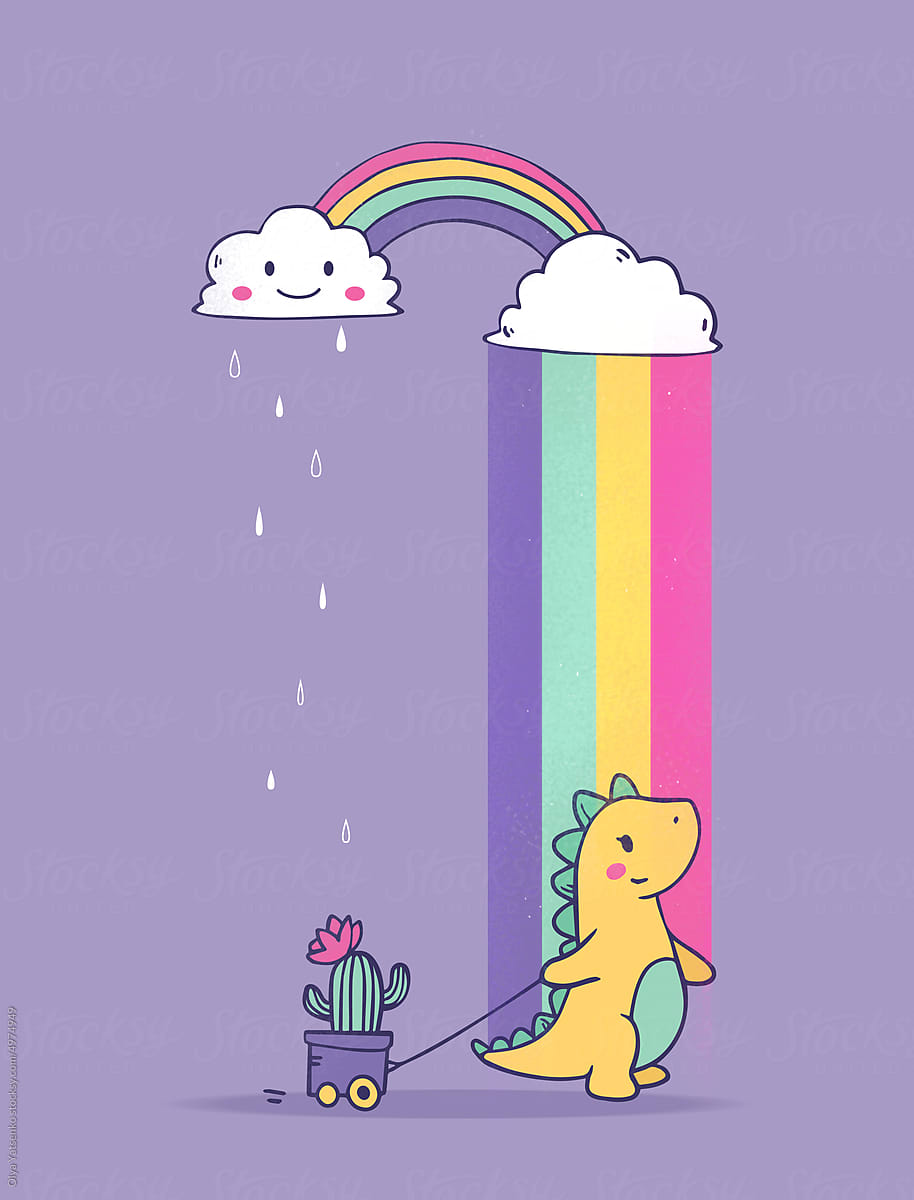 Cloud with rainbow and dinosaur