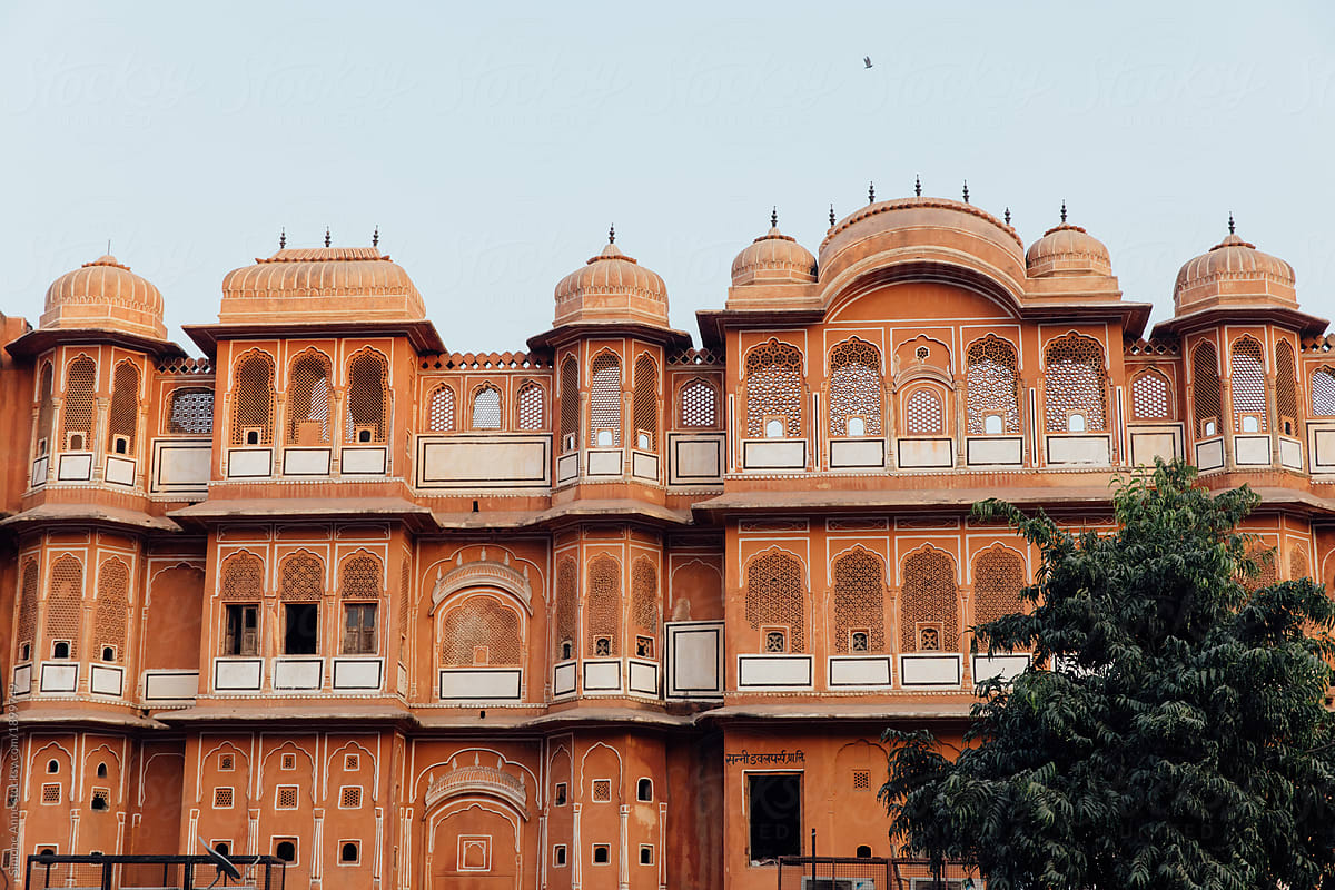 A pink building in Jaipur, India, at sunset