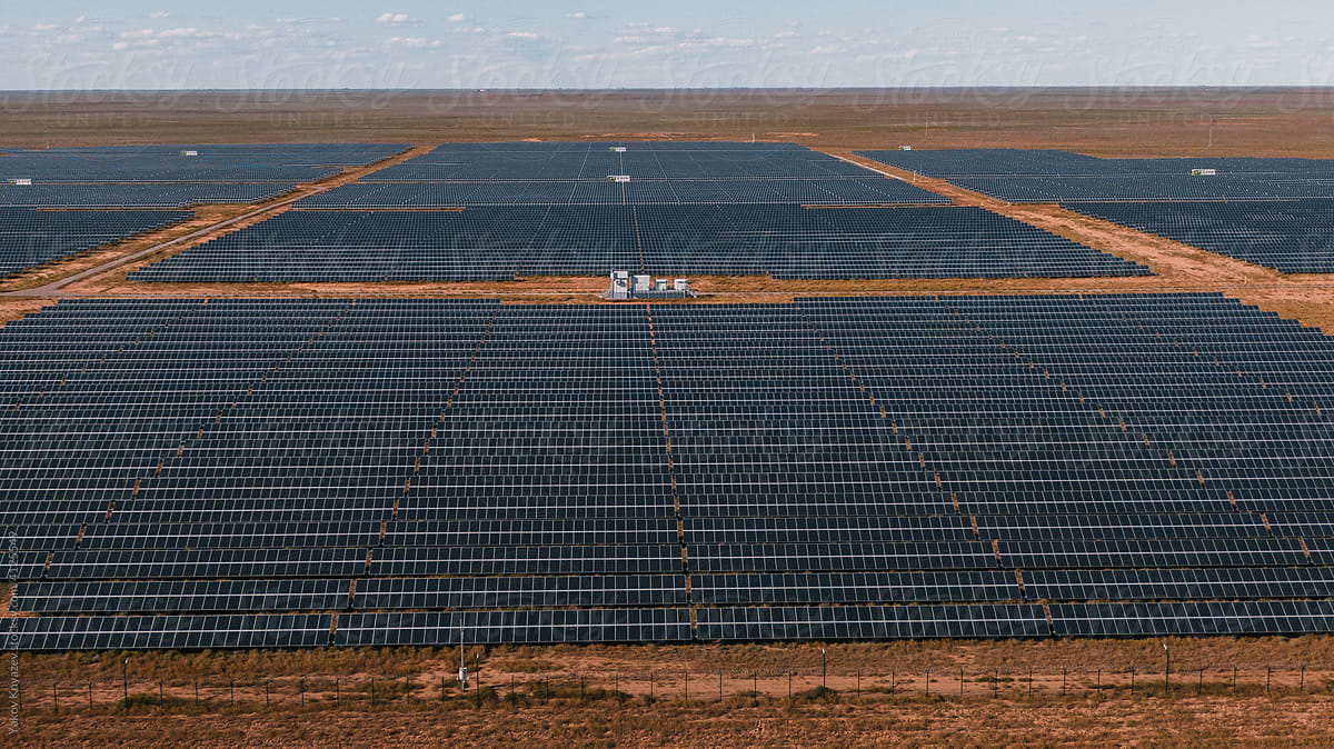 Drone view of solar energy panels rows