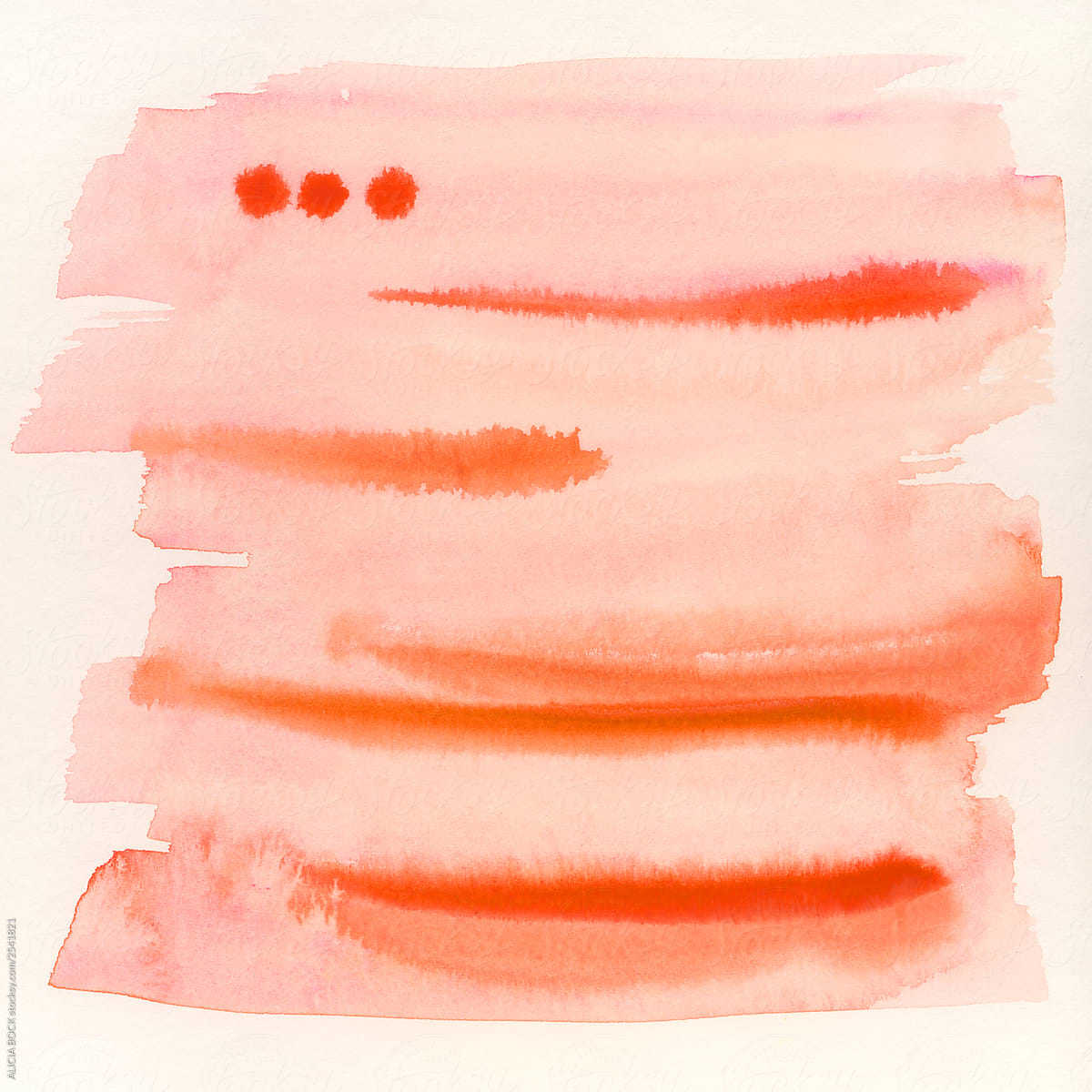 Watercolor Painting With Coral Stripes And Red Dots