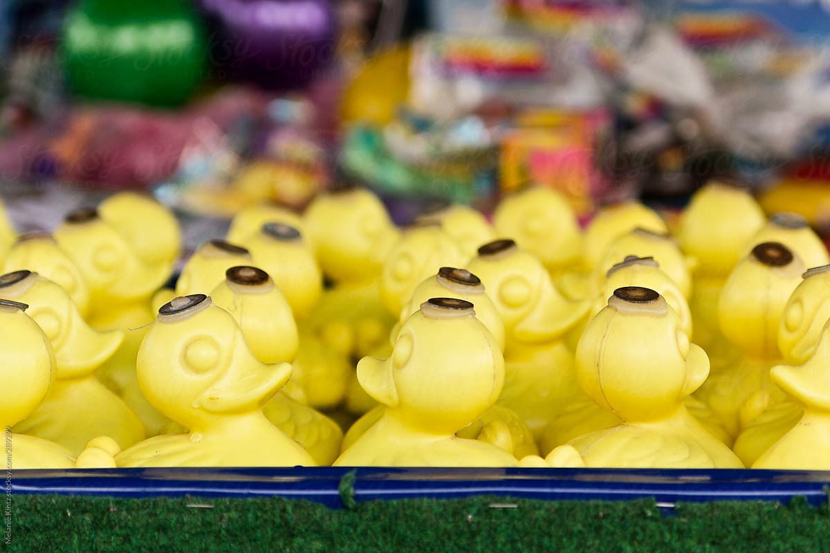 Yellow plastic ducks with magnetic head as attraction on a fairground