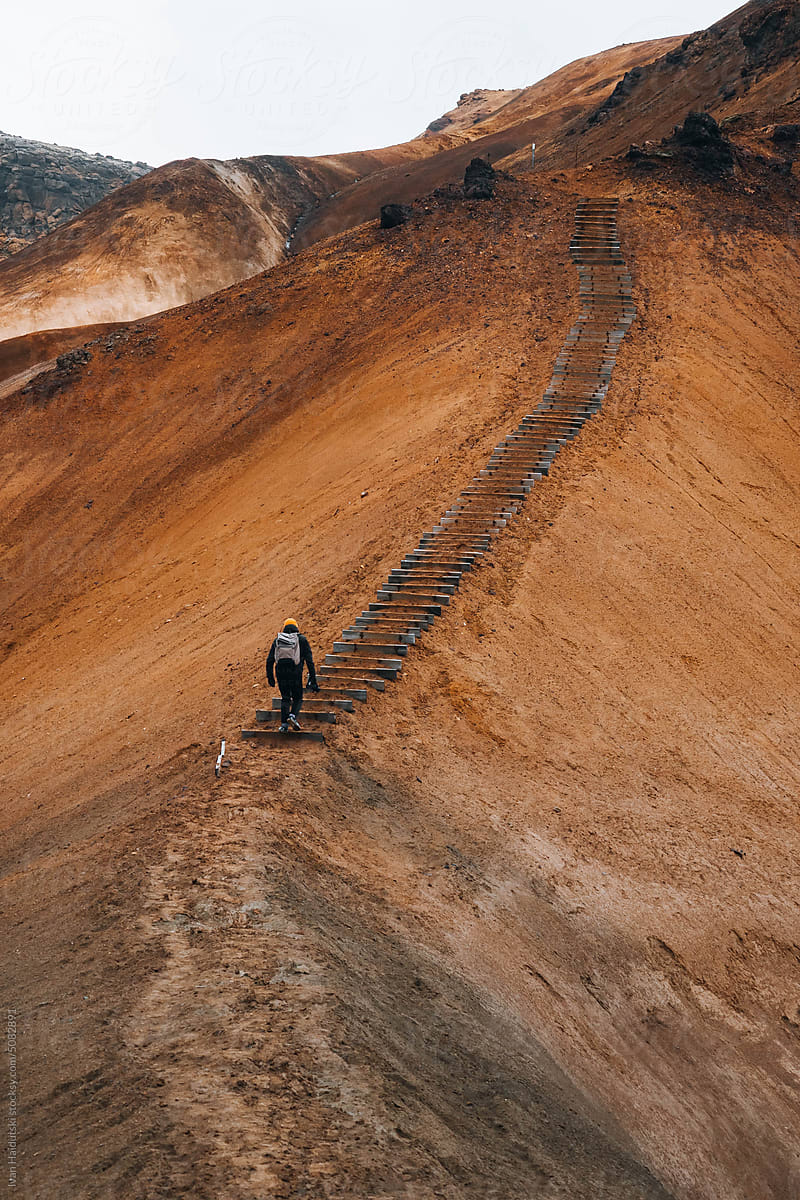 Hiker climbs wooden stairs exploring brown landscape of Iceland.