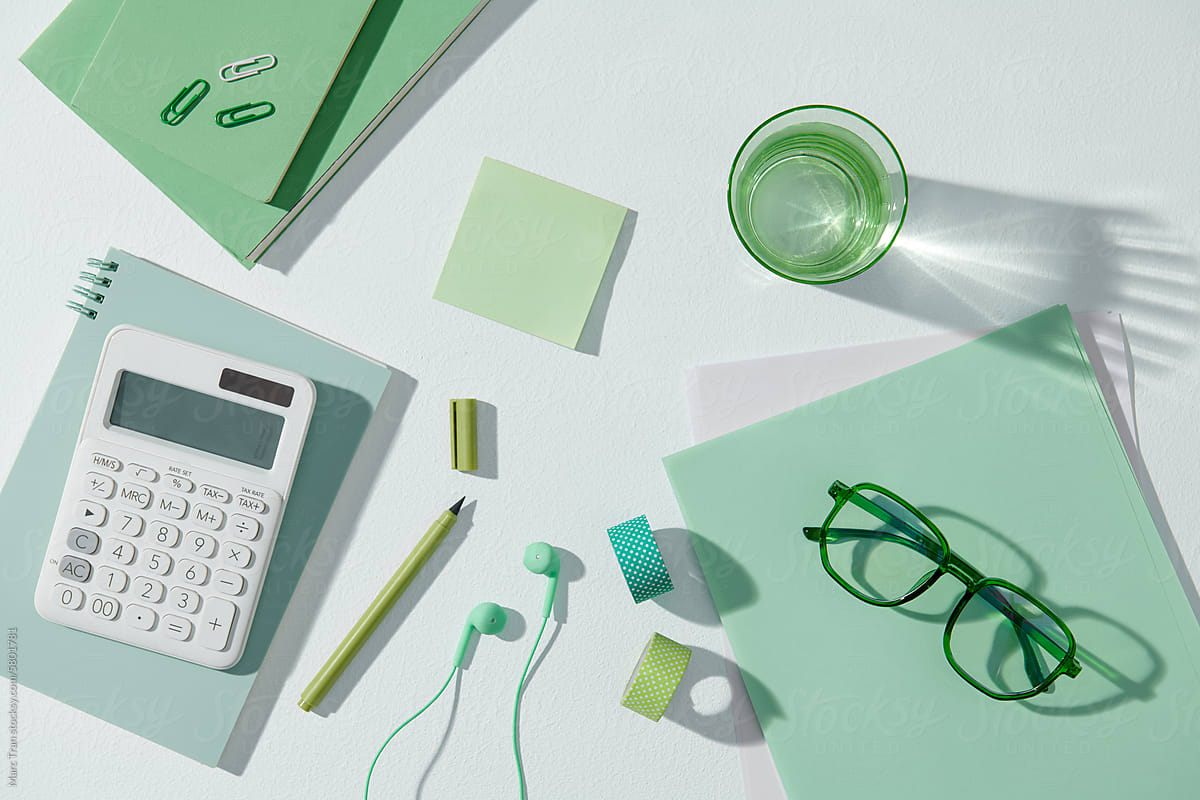 workspace on desk table essential elements on flat lay.