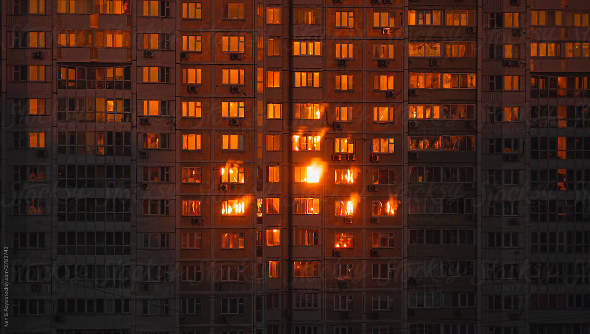 Burning windows at sunset
