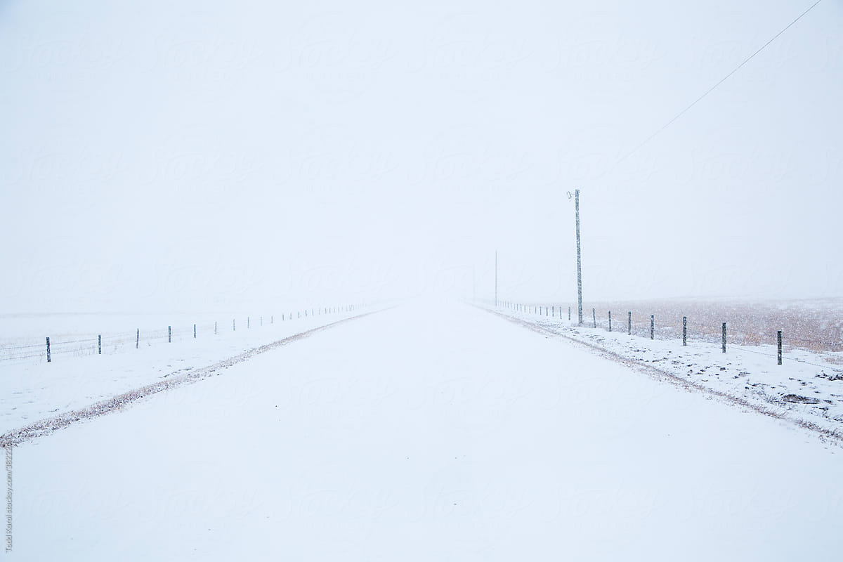 A country winter road cuts through the snow.