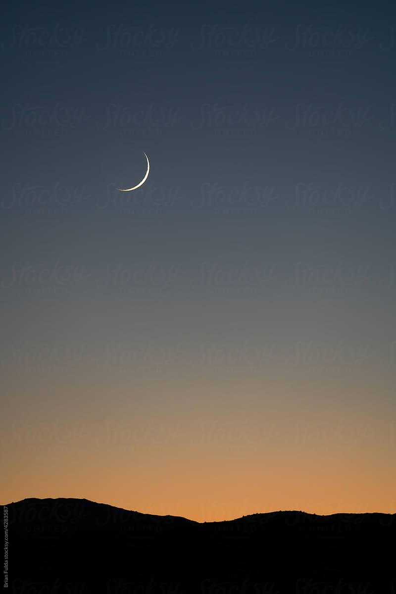 Crescent Moon over Mountains at Dusk (Tall Version)