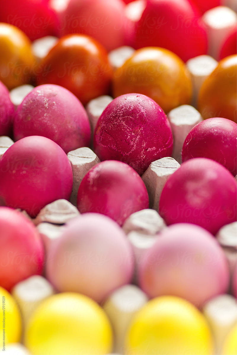 Multicolored Easter eggs in the package on the white background.