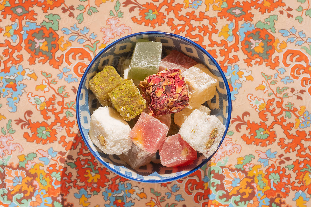 Bowl of Turkish Delight on Colorful Background