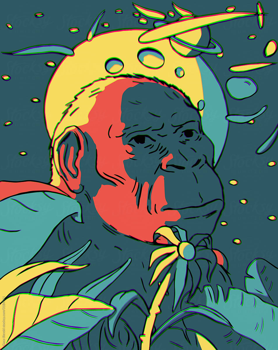 Ancestor Ape Illustration, Cosmic Landscape, Moon, Saturn and Comets