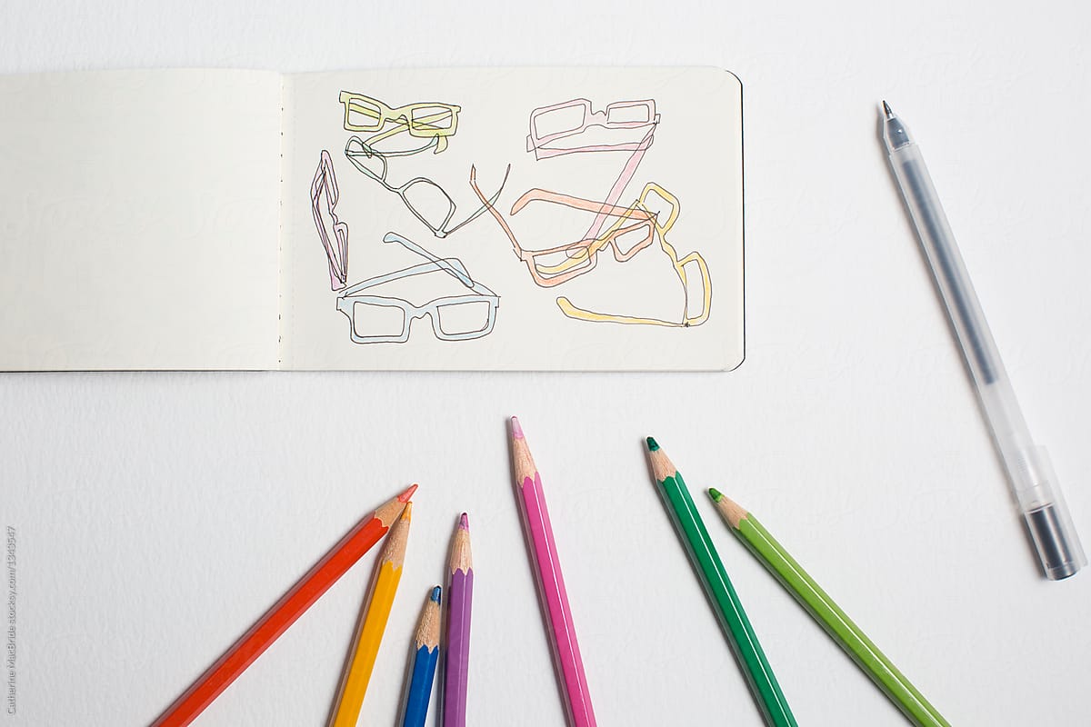 Badly drawn glasses doodle with colour pencils