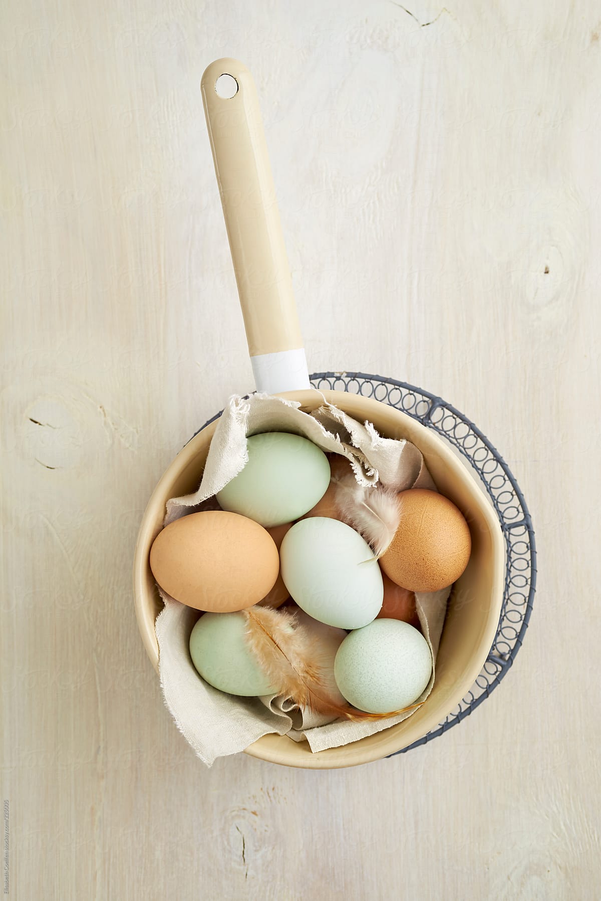 Organic eggs from Easter egger chicken in a pot