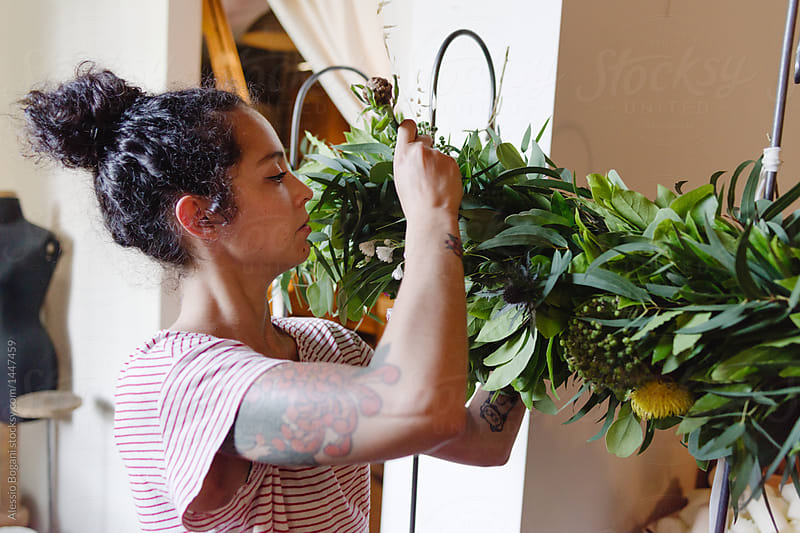 Florist making a wedding garland