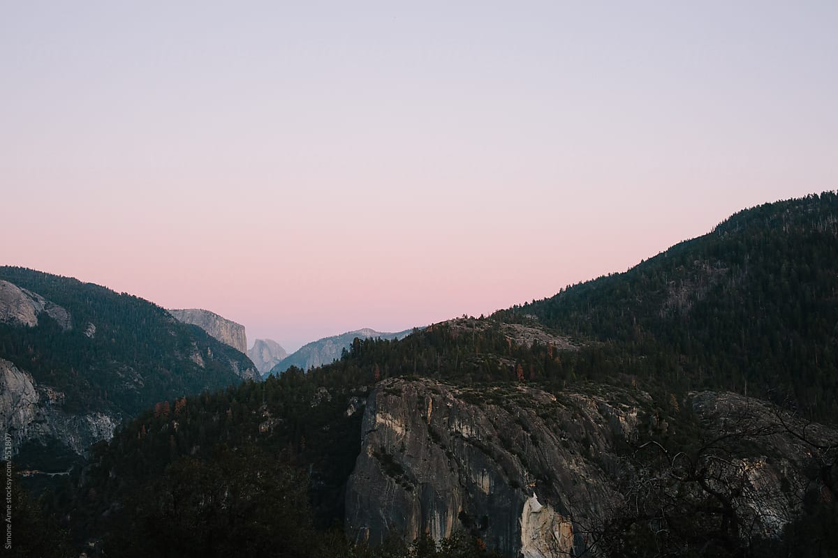 View of half dome in Yosemite at dusk from far away