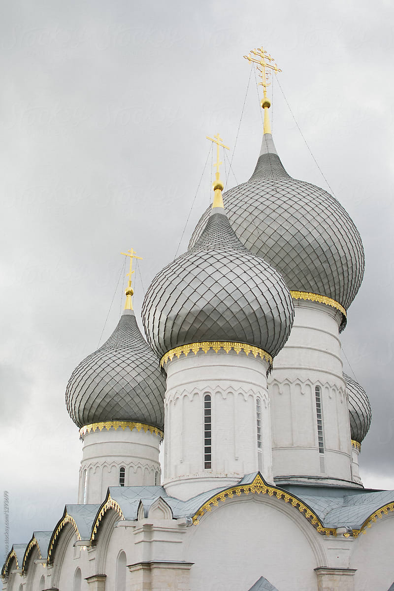 Aerial view on silver domes of the church in Rostov Russia