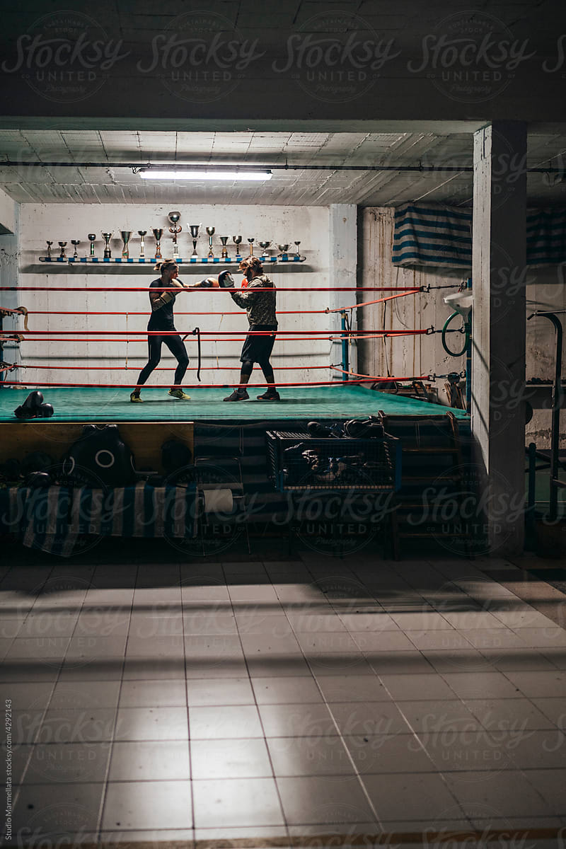 Determined boxers training in ring