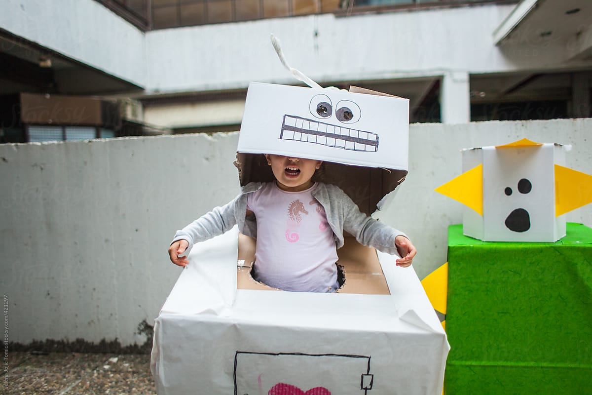 Little girl in a handmade robot costume