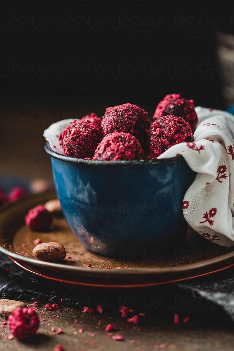 Homemade chocolate truffles with dried raspberries
