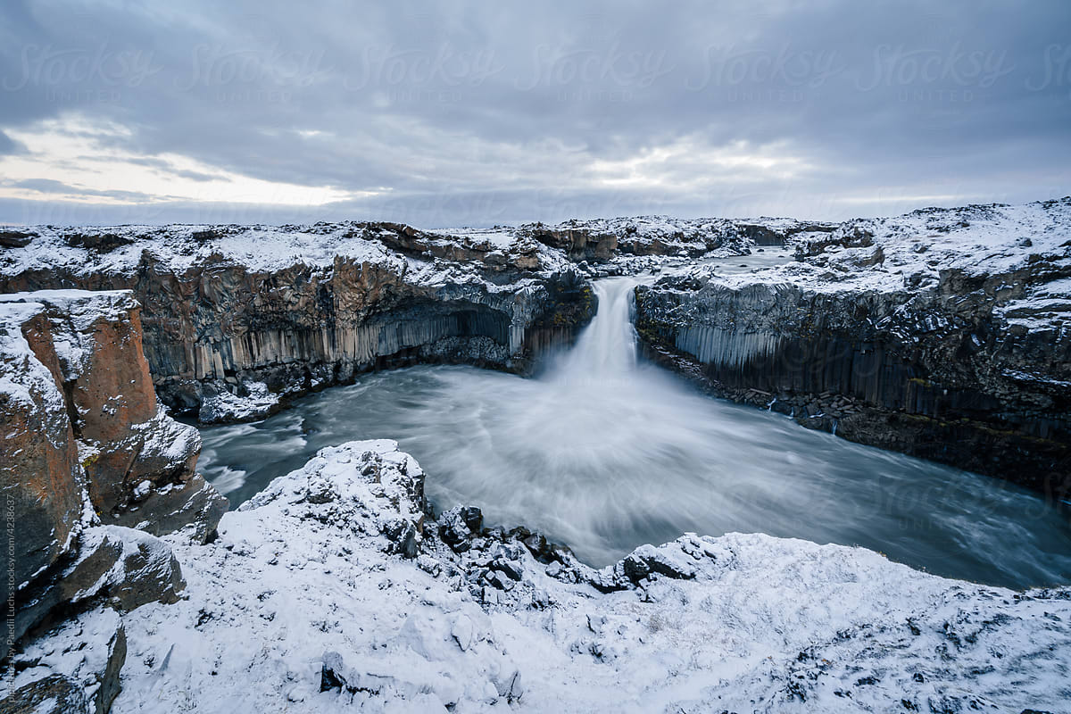 Long exposure on Aldeyjarfoss waterfall in winter.