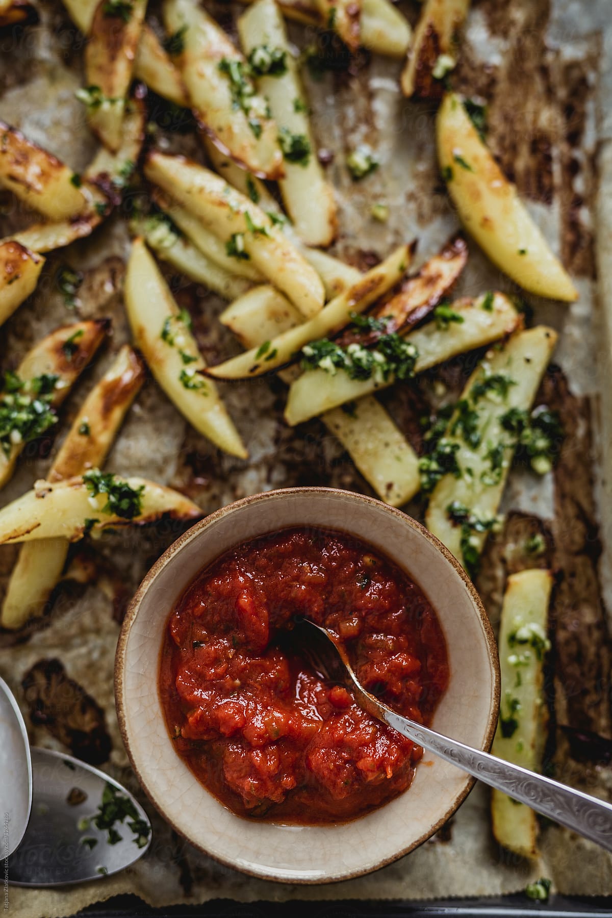Roasted potatoes with tomato sauce