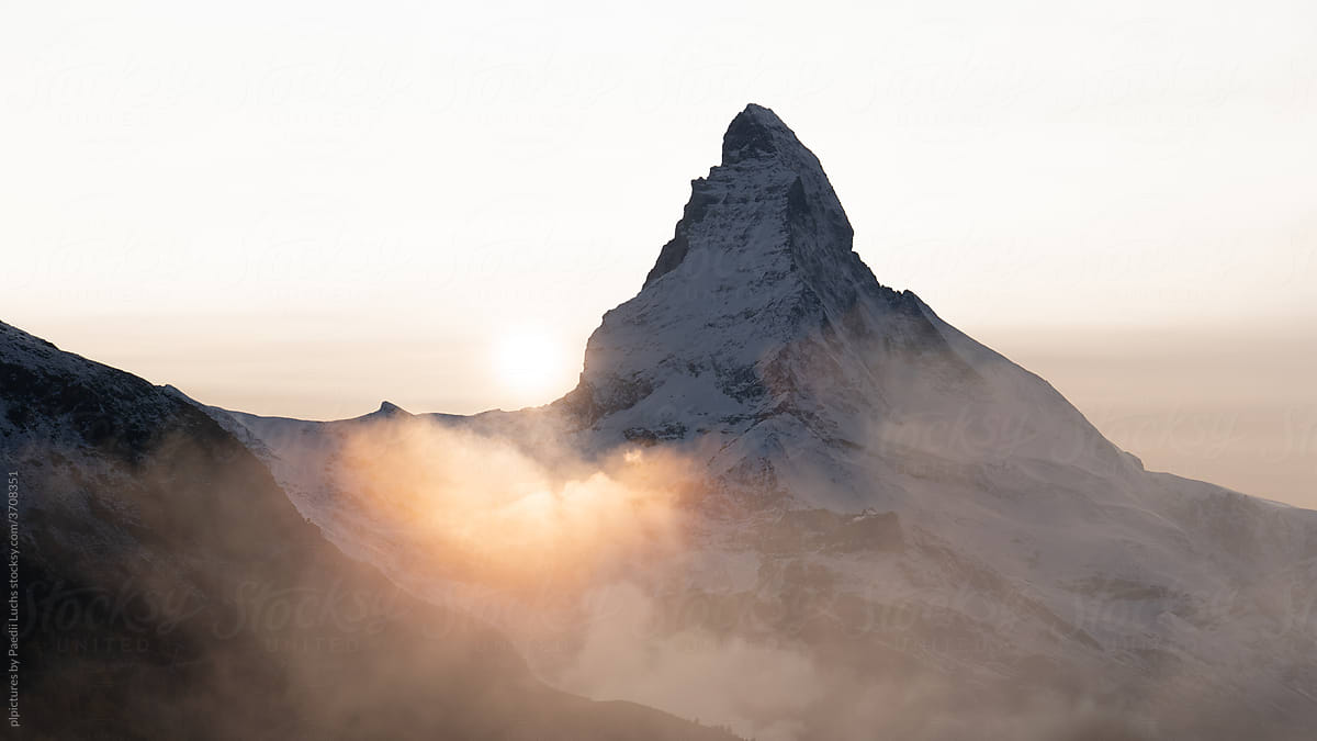 Hazy sunset near the Matterhorn in the alps.