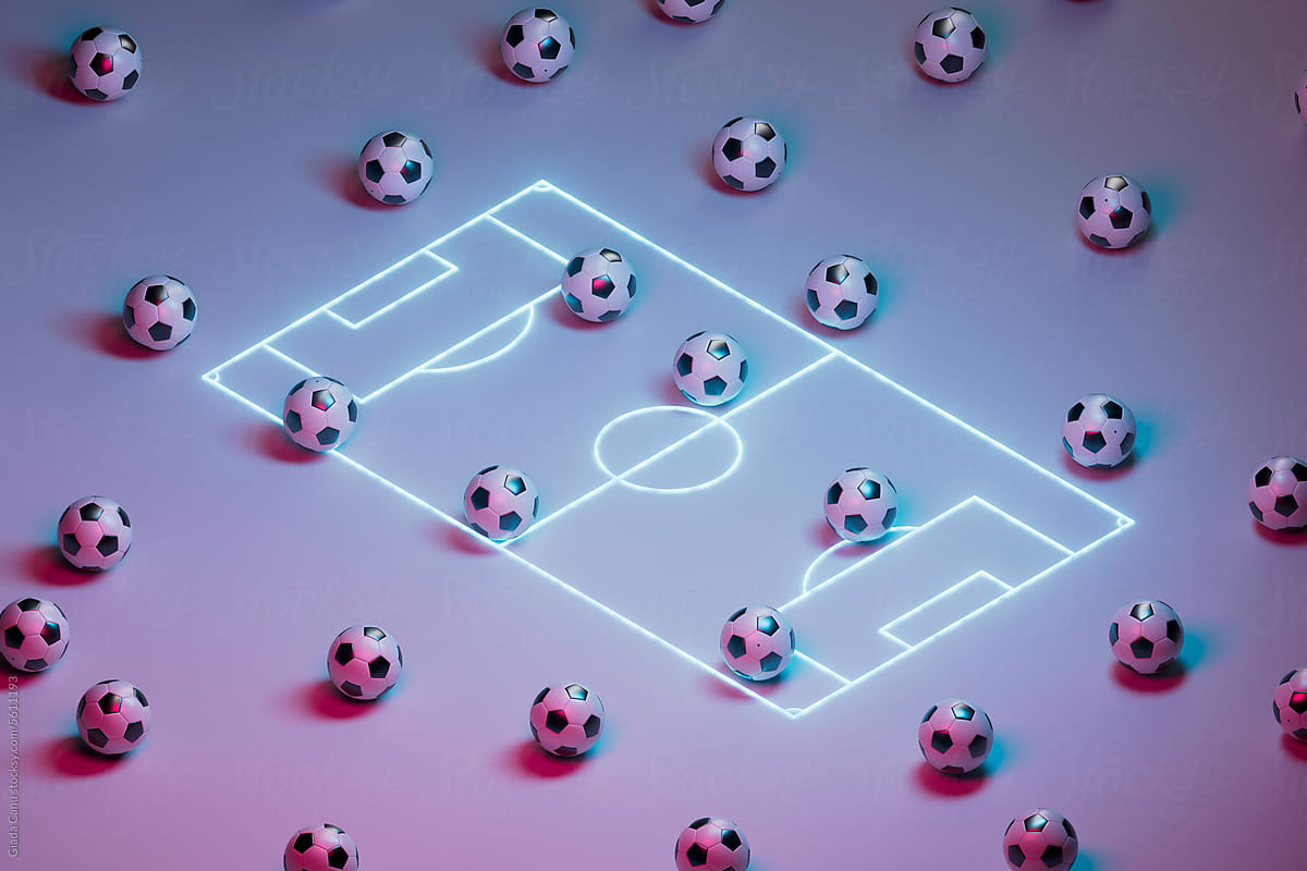 many soccer balls in a neon field