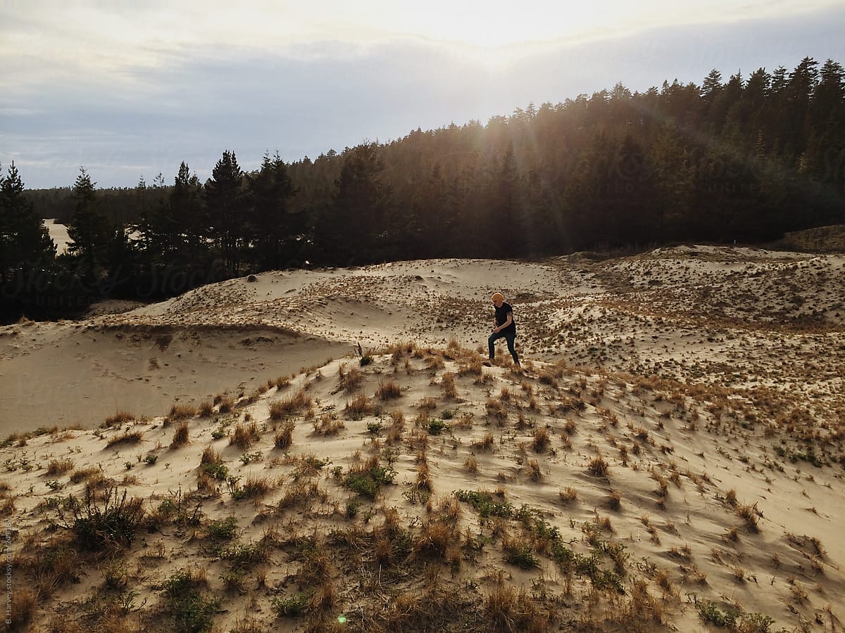 Man on Sand Dunes Surrounded by Forest
