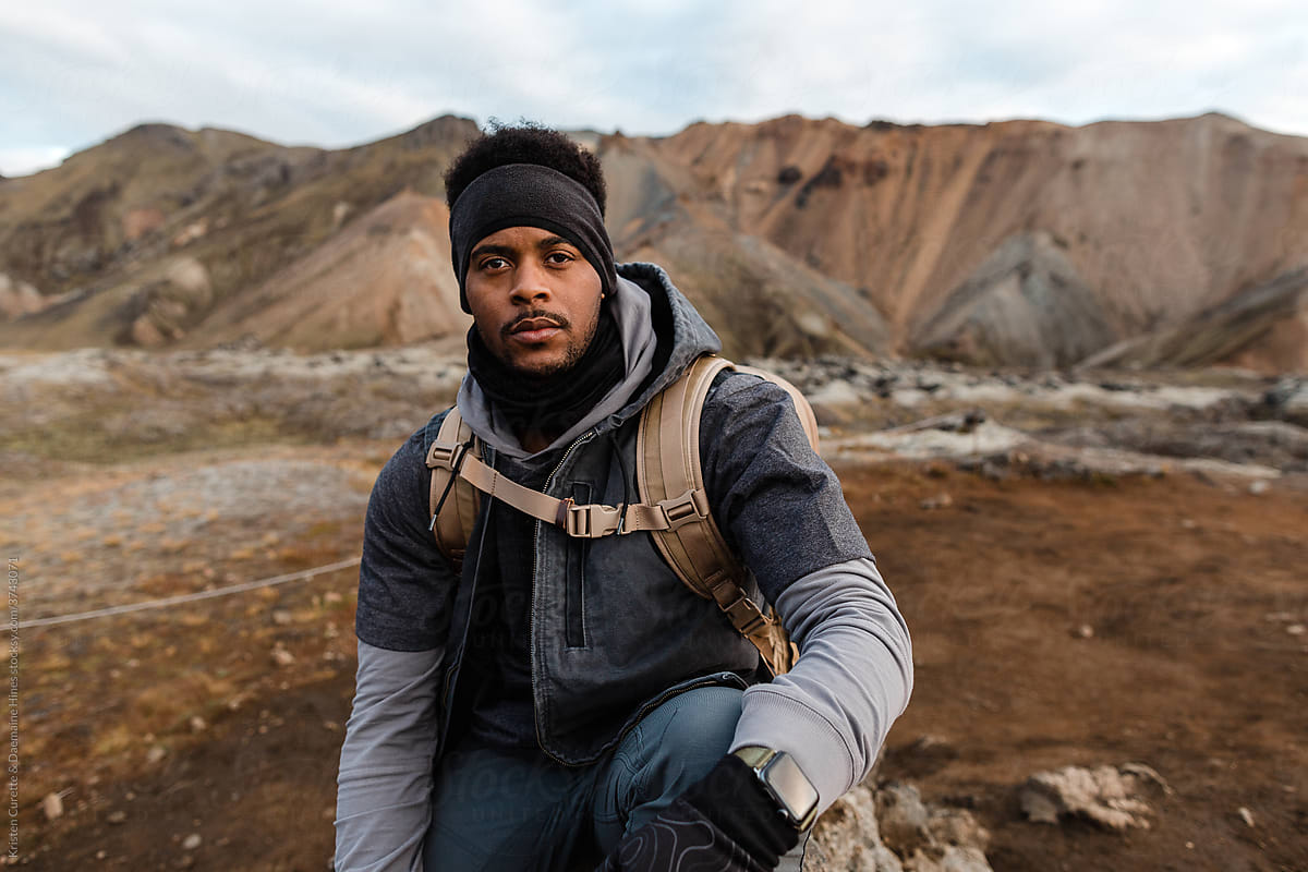 Portrait of a Black / African American male hiker walking the Laugavegur trail.