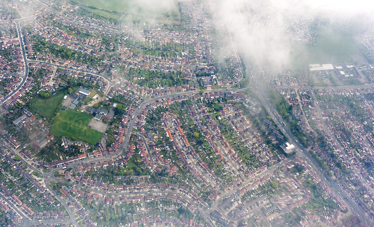 Aerial view of road network and houses in the greater London area.